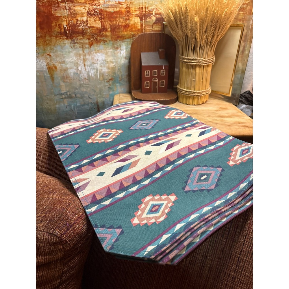 Vintage Southwestern Geometric Tribal Print Canvas Placemats Teal Set of 4